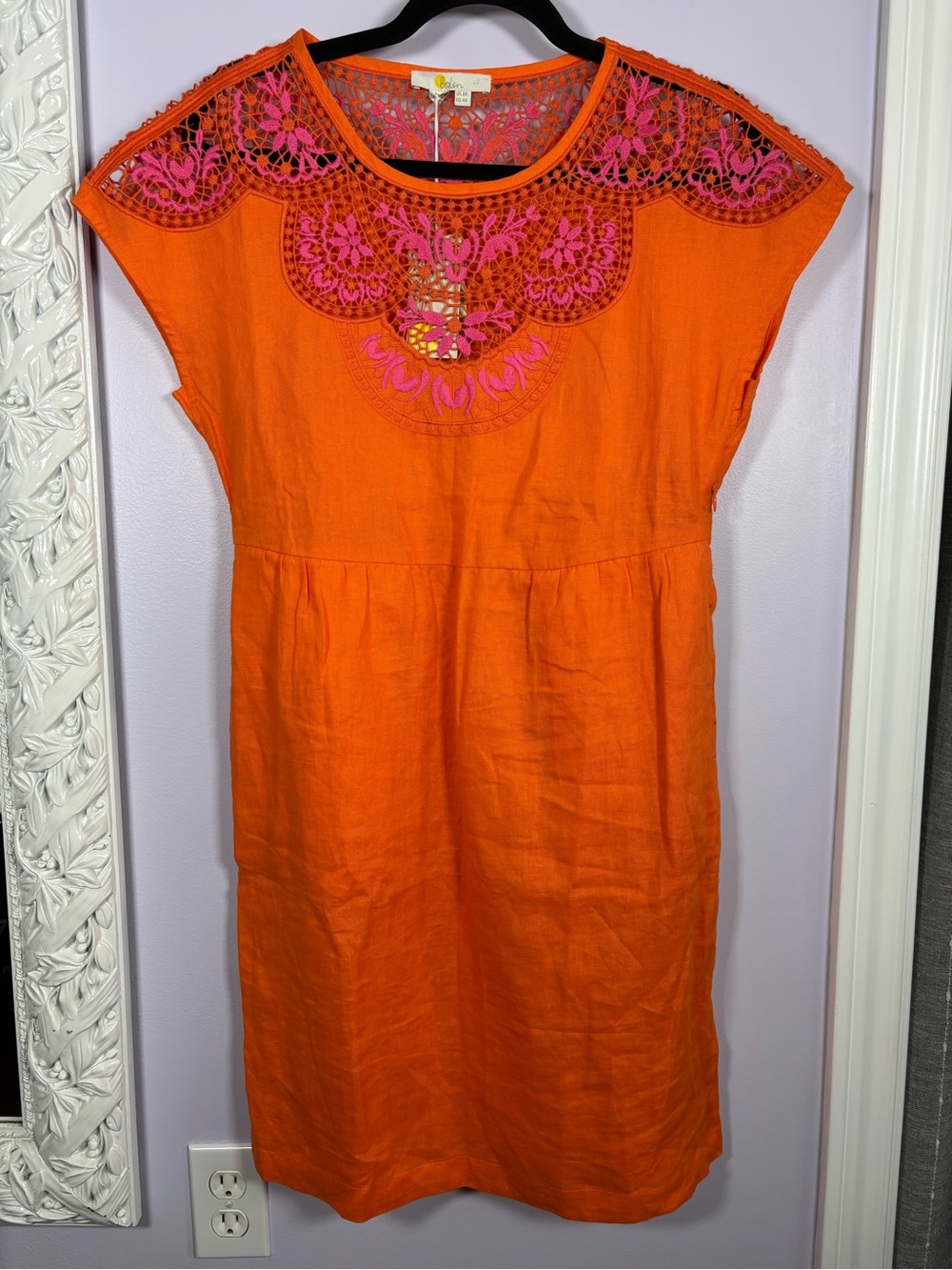 Boden Orange Linen Chic Dress with Pink Crochet Lace Embroidery Size 4R
